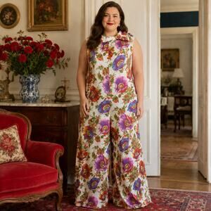 70s Floral Palazzo, Poppy Wide Leg Jumpsuit, Bold Mod Boho Flower Power - XXL